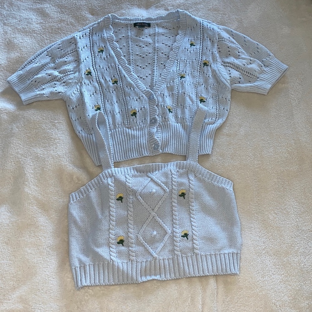 !SET! Blue Knit Flowered Top & Cardigan